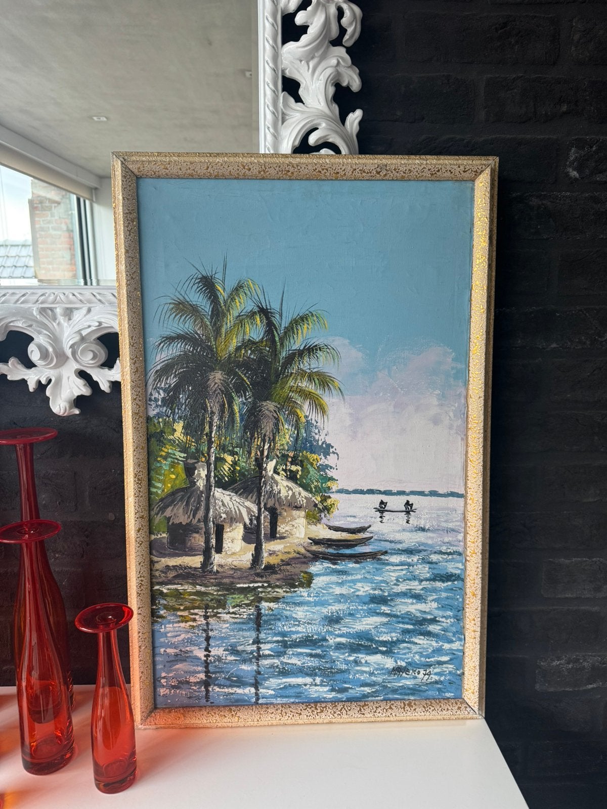 Congolees schilderij op meeldoek jaren 70 Mayeko, Antiek en Kunst, Kunst | Niet-Westerse kunst, Ophalen, Schilderij, Geschilderd