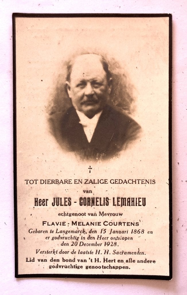 Oud bidprentje met foto van Jules-Cornelis Lemahieu, Enlèvement ou Envoi, Image pieuse