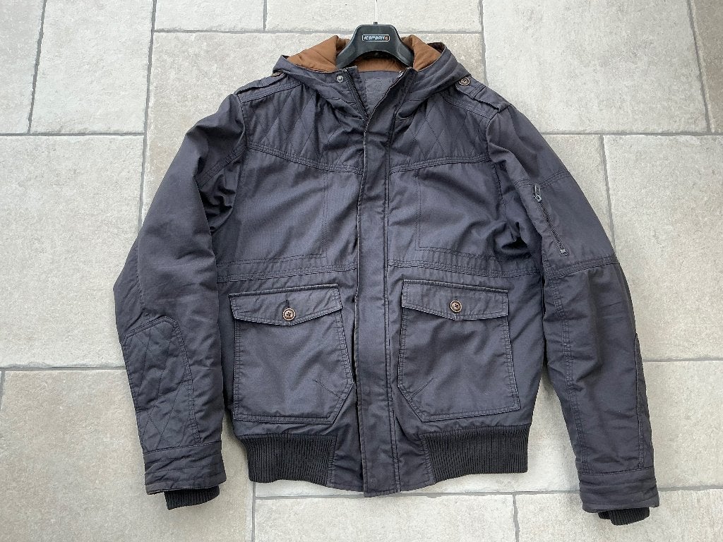 Herenjas met kap maat L, Kleding | Heren, Ophalen of Verzenden, Gedragen, Maat 52/54 (L), Grijs