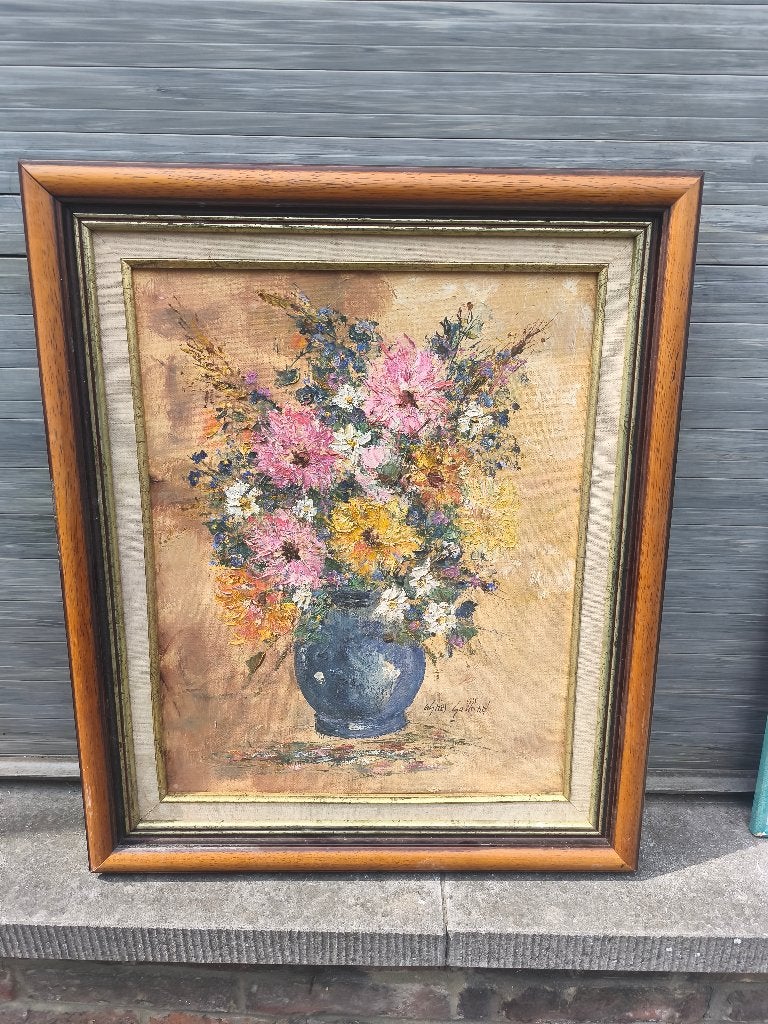 Huile sur toile fleurs signe Agnès galland, Antiquités & Art, Enlèvement ou Envoi, Fleurs, Toile