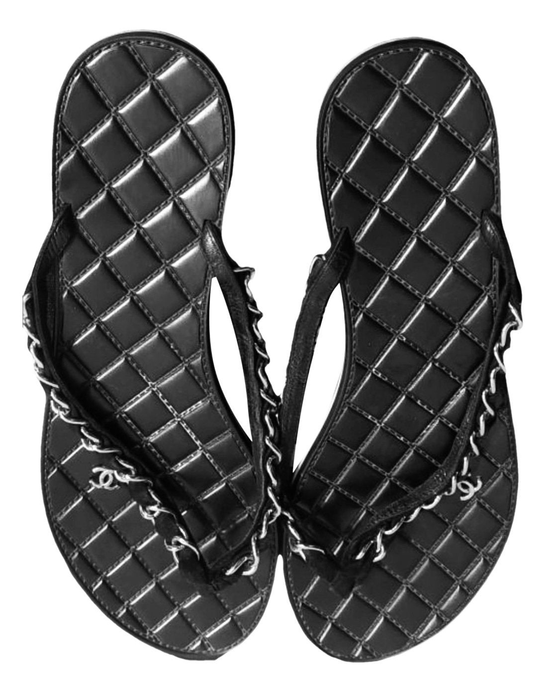 CHANEL SLIPPERS CHAIN, LEER, 39, AUTHENTIEK (NEW €599) 💖💖, Slippers, Verzenden, Zwart, Zo goed als nieuw