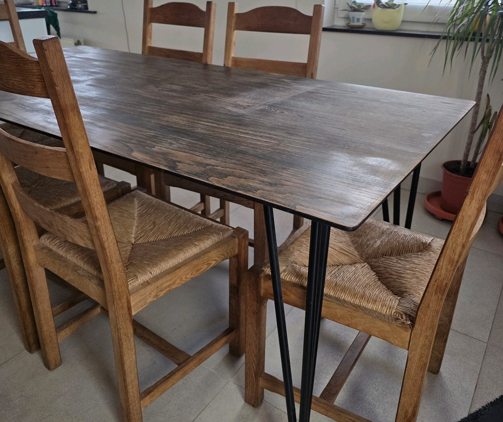 Set van 6 landelijke houten eetkamerstoelen met rieten zit, Ophalen, Gebruikt, Landelijk, 4 tot 6 stoelen