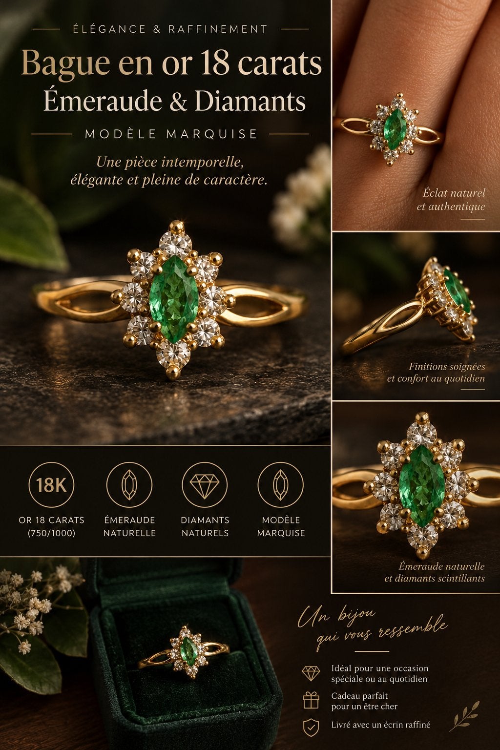 Marquise-ring in 18-karaats gouden smaragd en diamanten, Ophalen, 18 tot 19, Zo goed als nieuw, Met edelsteen