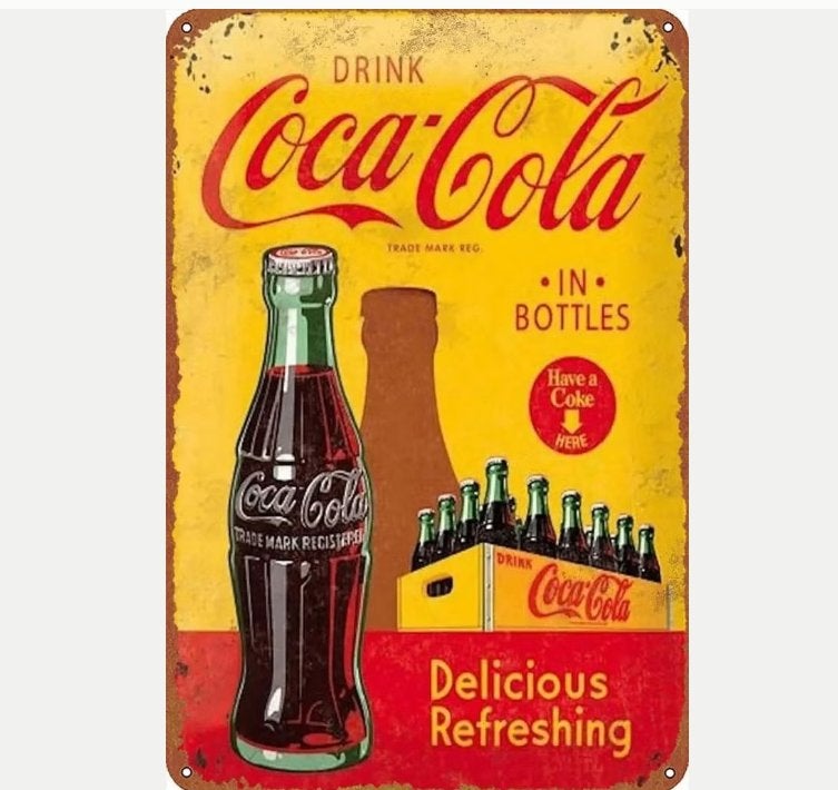 Vintage metalen bordje Coca Cola geel rood (30x20cm), Verzamelen, Ophalen of Verzenden, Nieuw