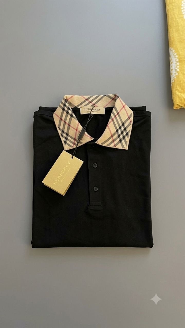 Polo Burberry Noir - Col Nova Check, Enlèvement ou Envoi, Comme neuf, Taille 48/50 (M), Noir
