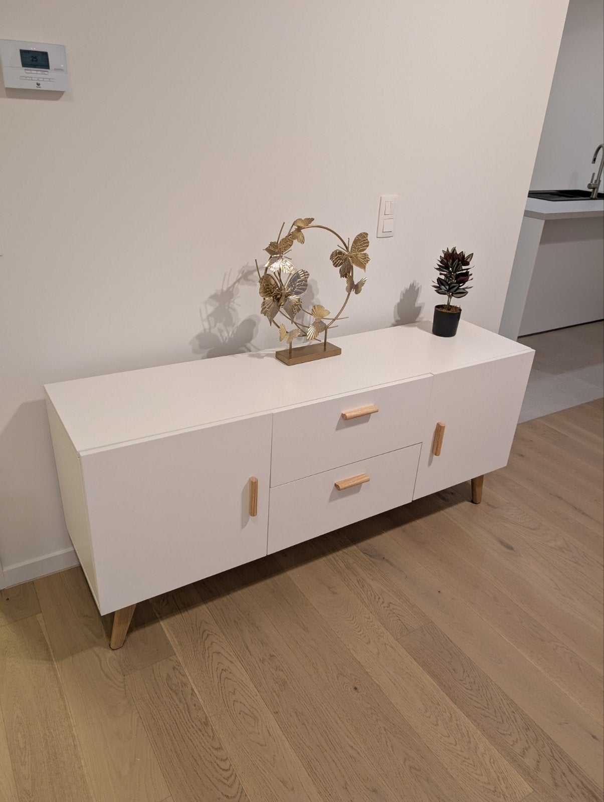 Grand Buffet bas style Scandinave blanc et bois 160cm, Enlèvement