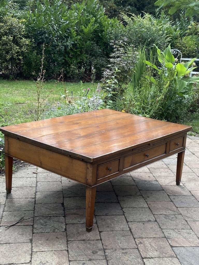 Koloniale houten salontafel – uitschuifbare laden en planken, Teck, Koloniaal, Comme neuf, Enlèvement