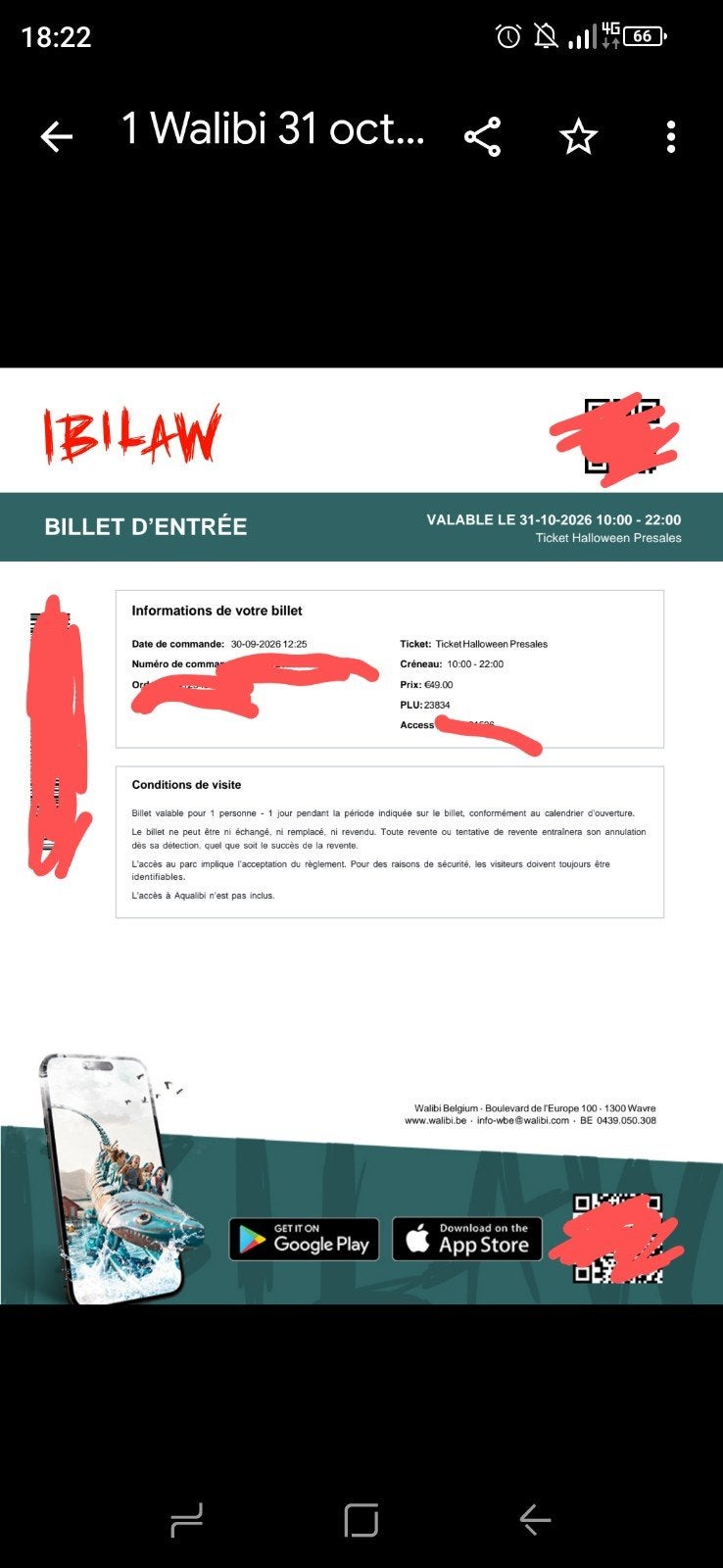 1 walibi 31 octobre halloween, Tickets & Billets