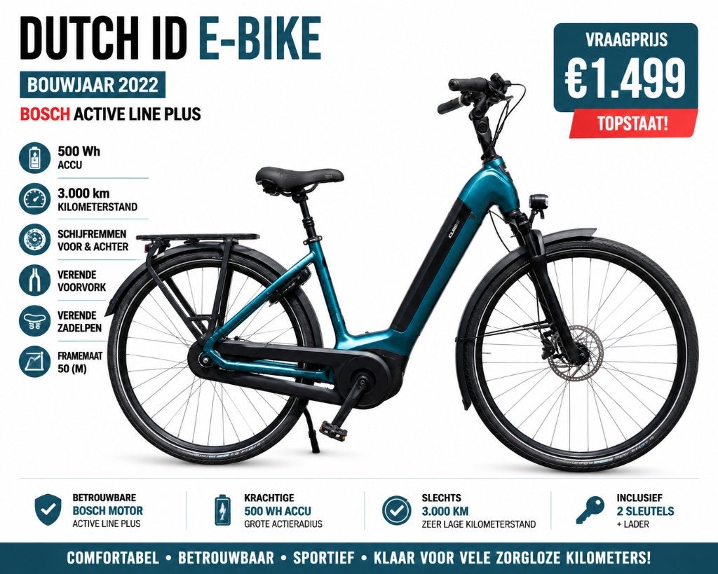 Dutch ID E-bike 2023 – Bosch – 500Wh – slechts 3.000 km, Zo goed als nieuw, 47 tot 51 cm, 50 km per accu of meer, Ophalen