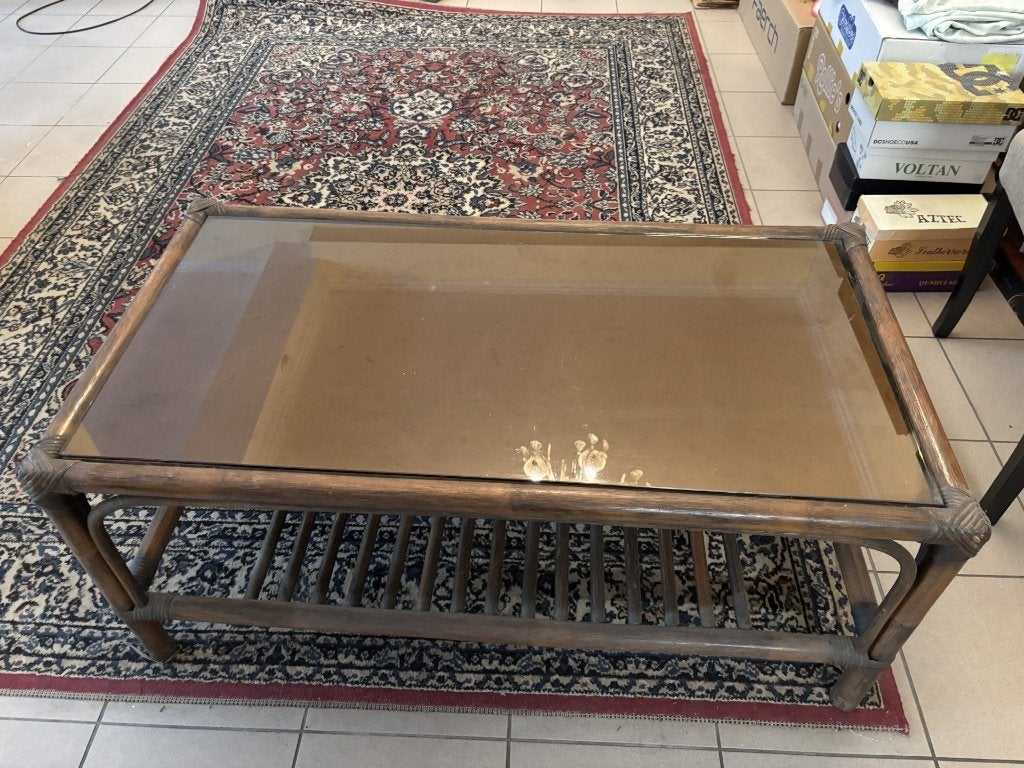 Bambou salontafel met glas, Maison & Meubles, Autres essences de bois, 50 à 100 cm, Enlèvement, Utilisé