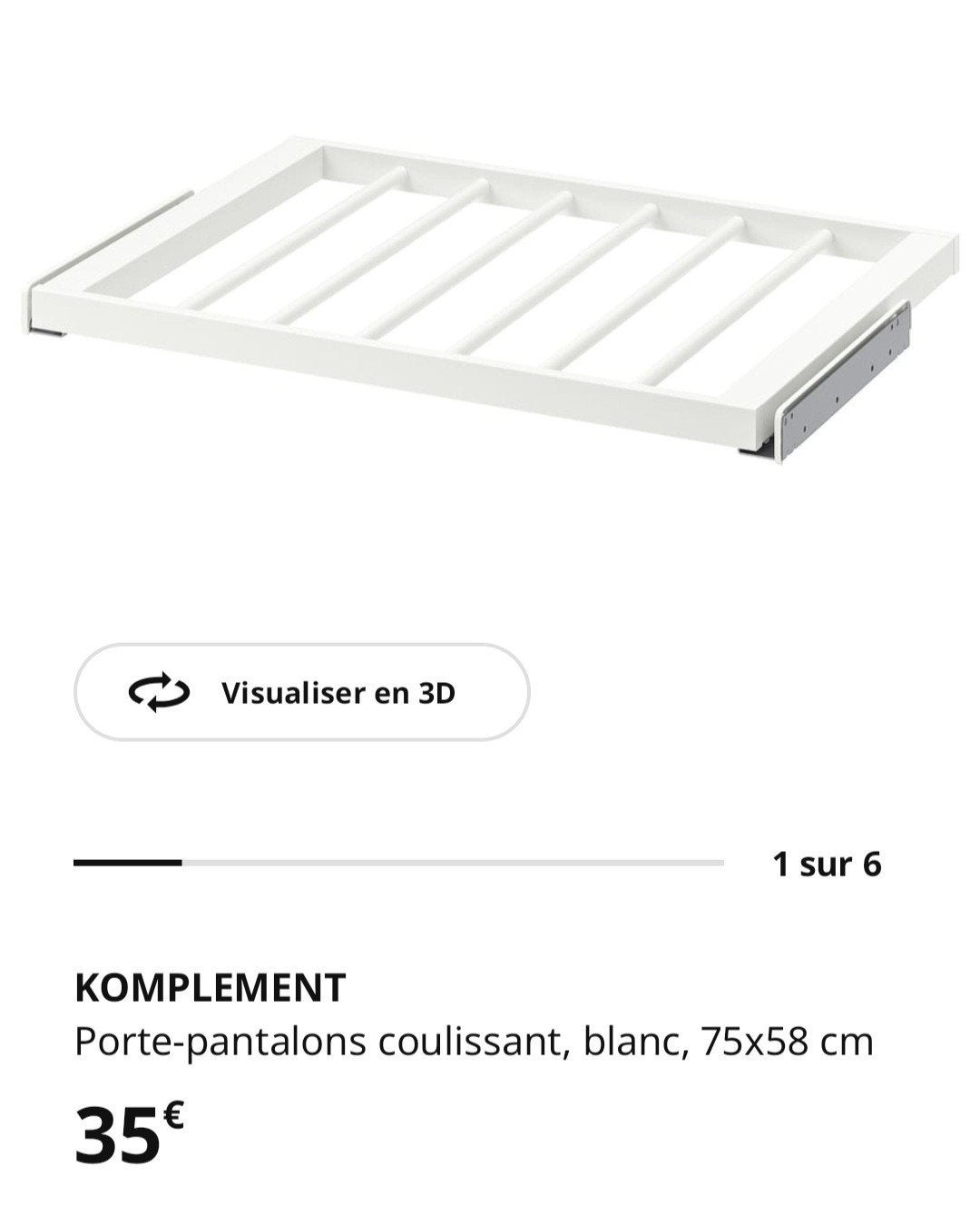 Porte pantalons pour armoire Pax Ikea 75cm blanc, Maison & Meubles, Avec espace de penderie, Moins de 100 cm, Comme neuf, Contemporain
