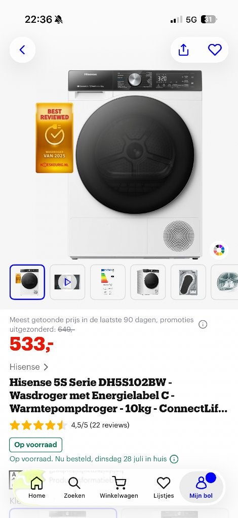 Hisense DH5S102BW Warmtepompdroger – 10 kg – Nieuwstaat, Ophalen, 10 kg of meer, Anti-kreukfase, Zo goed als nieuw