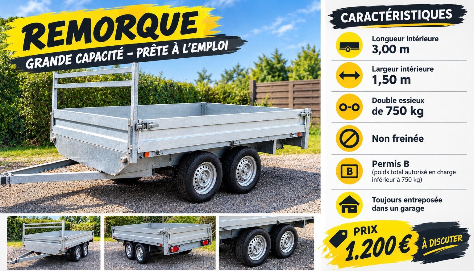 Remorque double essieux permis B, Autos : Divers, Remorques, Enlèvement ou Envoi, Utilisé