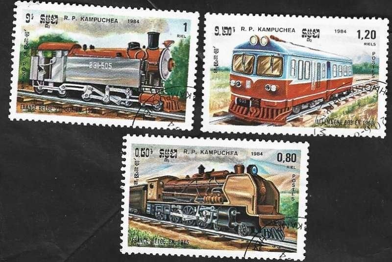 3 Postzegels Cambodja (Khmerrepubliek) 1984 Locomotieven, Postzegels en Munten, Ophalen of Verzenden, Postfris, Treinen