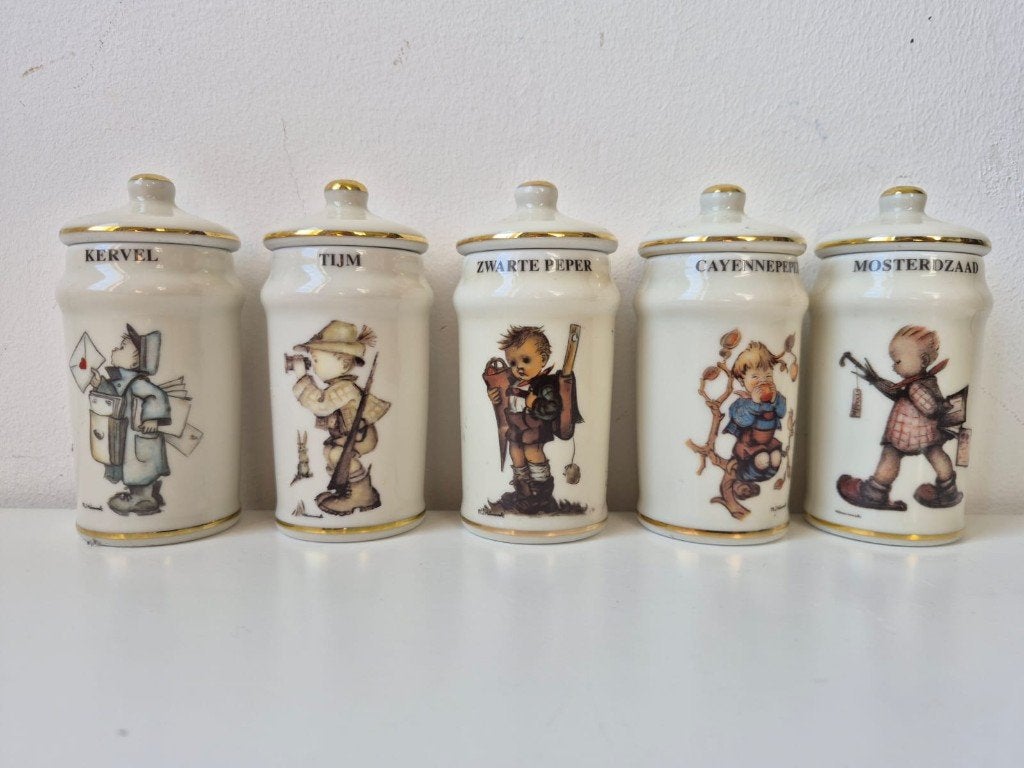 Set van 5 porseleinen kruidenpotten, gemerkt M.J. Hummel., Antiek en Kunst, Antiek | Porselein, Ophalen