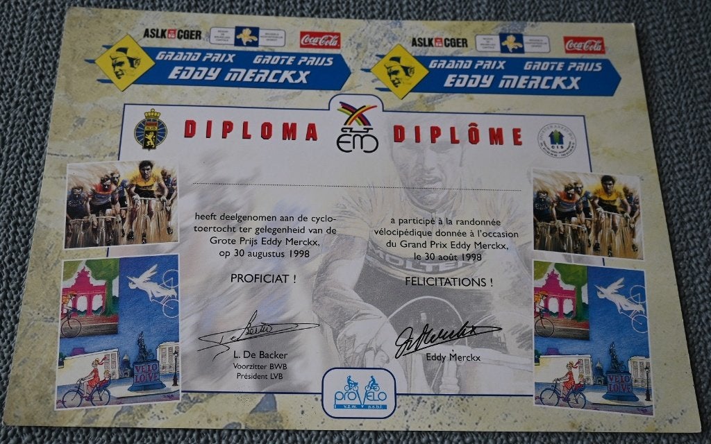 Diploma Grote Prijs Eddy Merckx / 30 Augustus 1998, Verzenden, Zo goed als nieuw, Poster, Plaatje of Sticker
