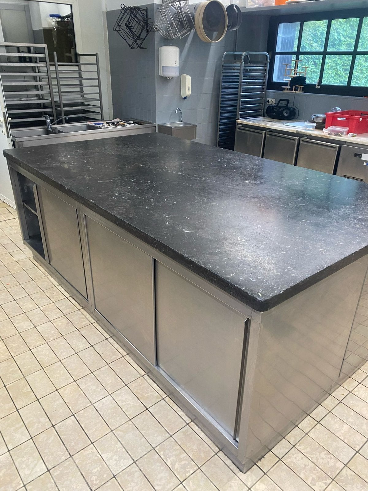 Werktafel industriele keuken marmeren blad, Ophalen, Gebruikt, 170 cm of meer