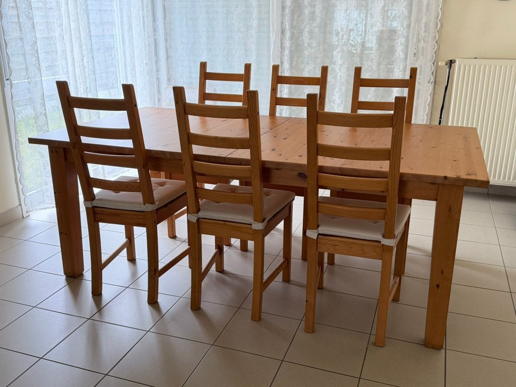 Ikea eettafel met 6 stoelen in grenen hout, Huis en Inrichting, Tafels | Eettafels, Ophalen, Gebruikt, 100 tot 150 cm, 200 cm of meer