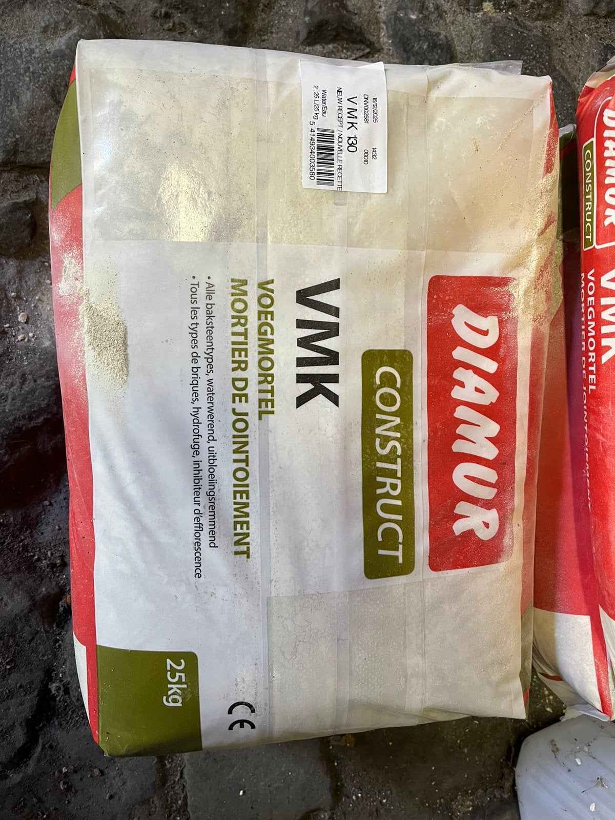 6 sacs de coulis Diamur VMK 130 (beige) — 25 kg, Enlèvement, Neuf, Briques
