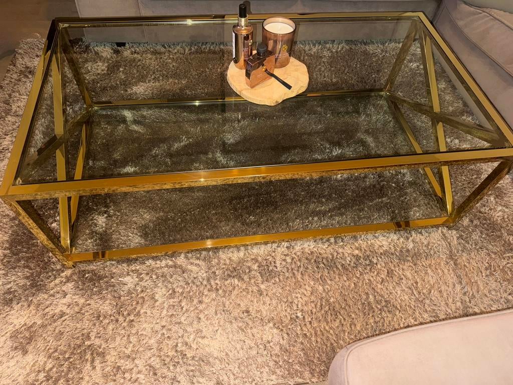 Goude glazen salontafel en wandtafel, Huis en Inrichting, Ophalen, Gebruikt, Rechthoekig, Glas
