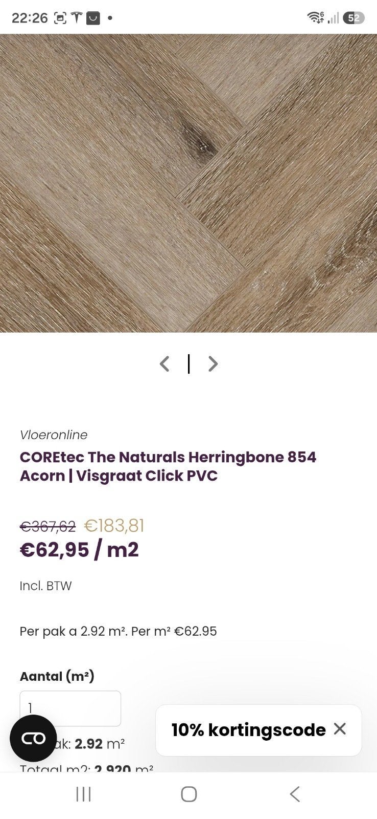 COREtec Click Visgraat Naturals Acorn nieuw in verpakking, Doe-het-zelf en Bouw, Vloerdelen en Plavuizen, Ophalen