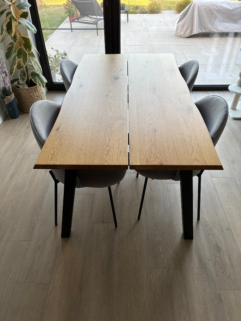 Uitschuifbare eettafel + (4 stoelen gratis), Huis en Inrichting, Ophalen, Gebruikt, Eikenhout, 50 tot 100 cm