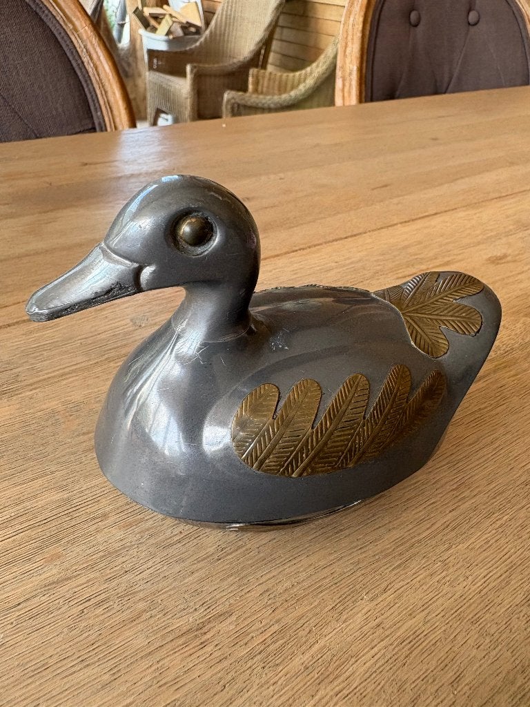 Vintage Tinnen Eend Doosje met Messing Inleg (13 cm), Antiek en Kunst, Ophalen of Verzenden
