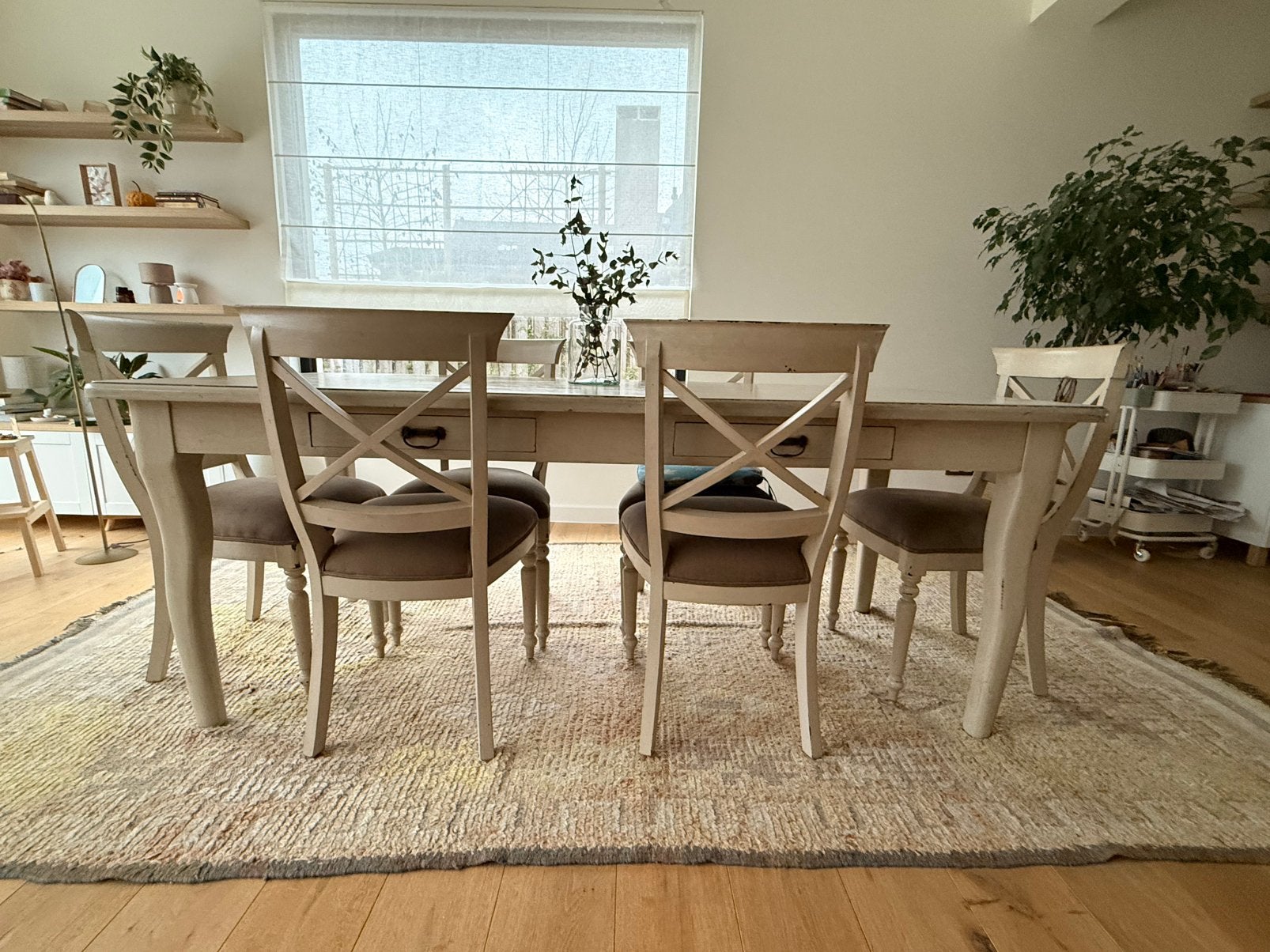 Landelijke houten eettafel + 6 tafels, Ophalen, Gebruikt