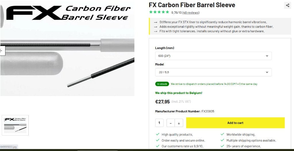 FX carbon barrel sleeve .22 voor looplengte 600mm, Sport en Fitness, Ophalen of Verzenden, Nieuw