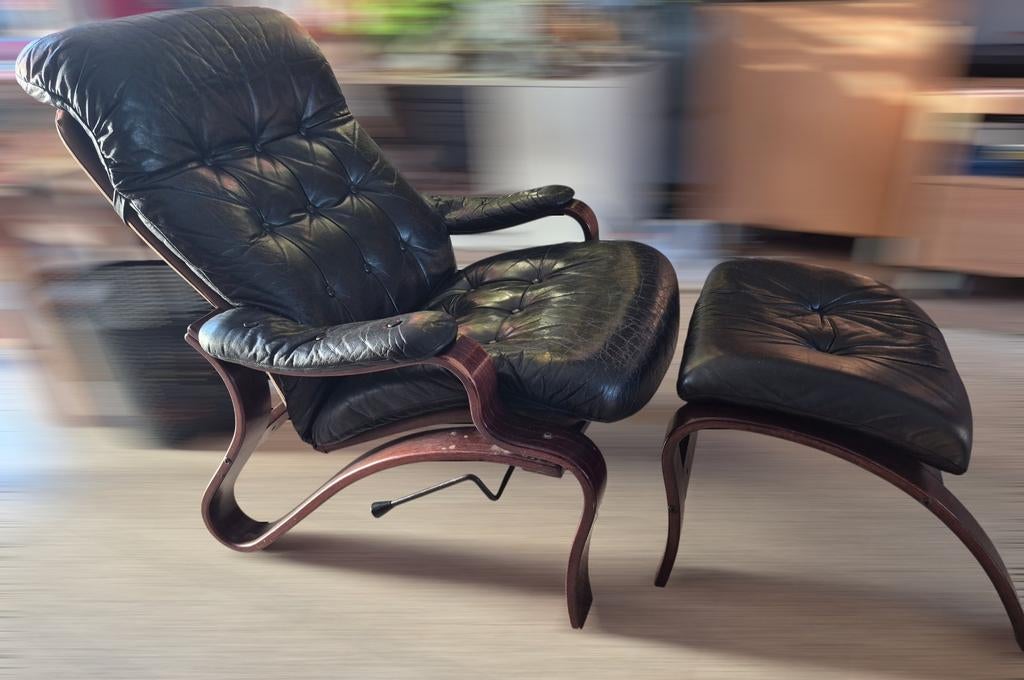 Vintage zetel relax en voetenbankje, jaren 70/80,, Ophalen, Leer