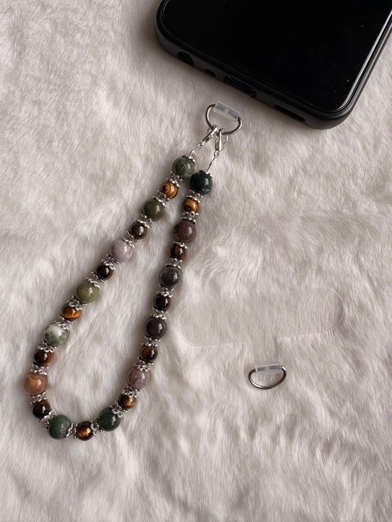 Indische Agaat & Tijgeroog Telefoonkoord – Deluxe – 22cm, Ophalen of Verzenden, Nieuw, Telefoonhanger of Accessoire, Sony Ericsson