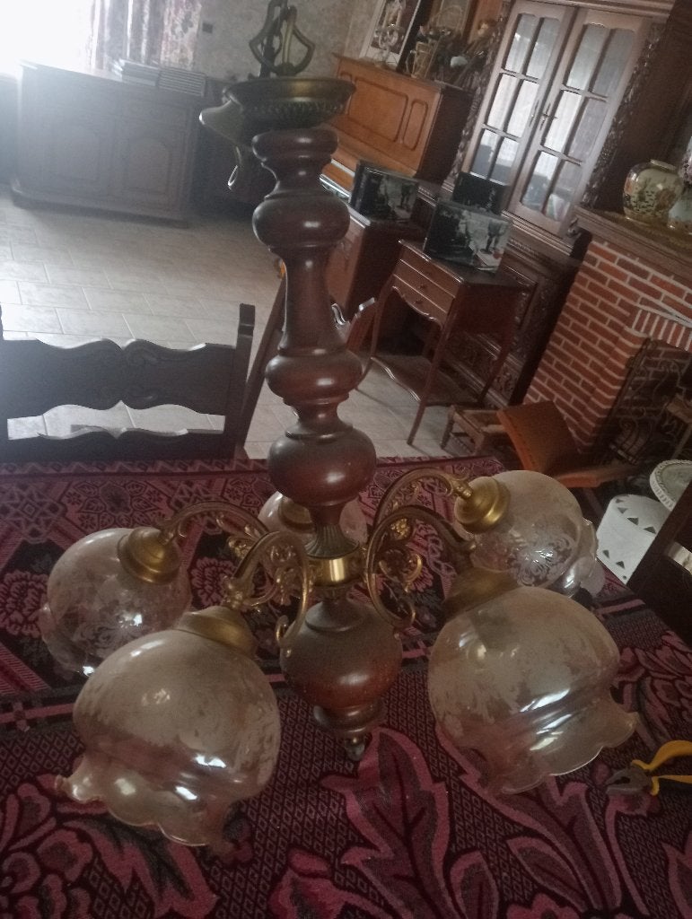 Vintage 5-armige kroonluchter jaren '60-70, Ophalen, E27 (groot), Glas, Landelijk
