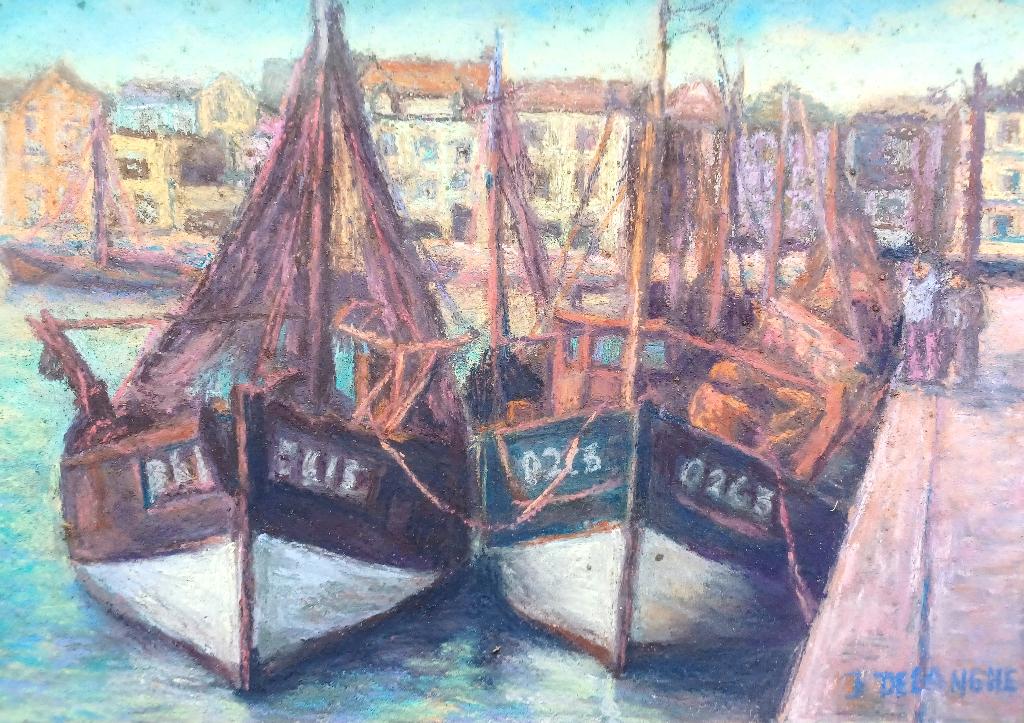 Vissersboten - Haven van Oostende - Jan Delanghe (1933-2009), Antiek en Kunst, Kunst | Schilderijen | Klassiek, Ophalen