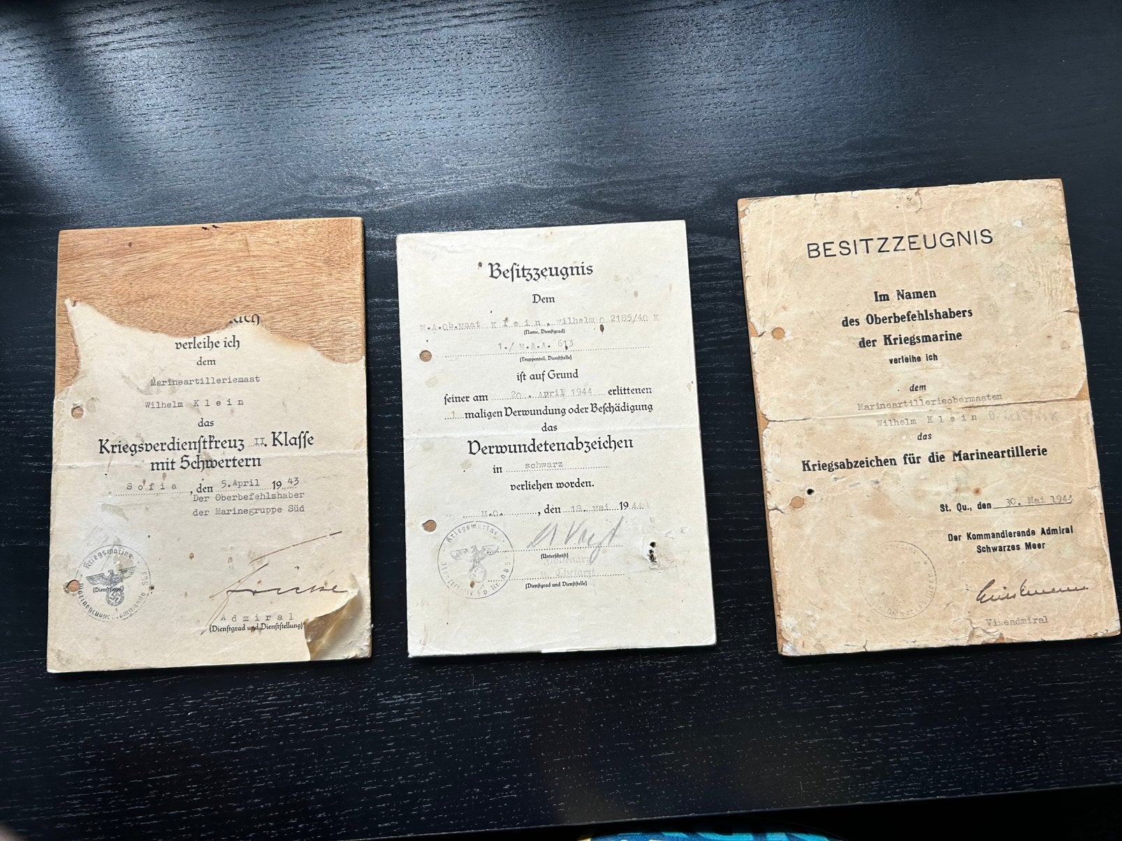 X3 Urkunden de la Kriegsmarine de la Seconde Guerre mondiale, Envoi, Marine, Autres types