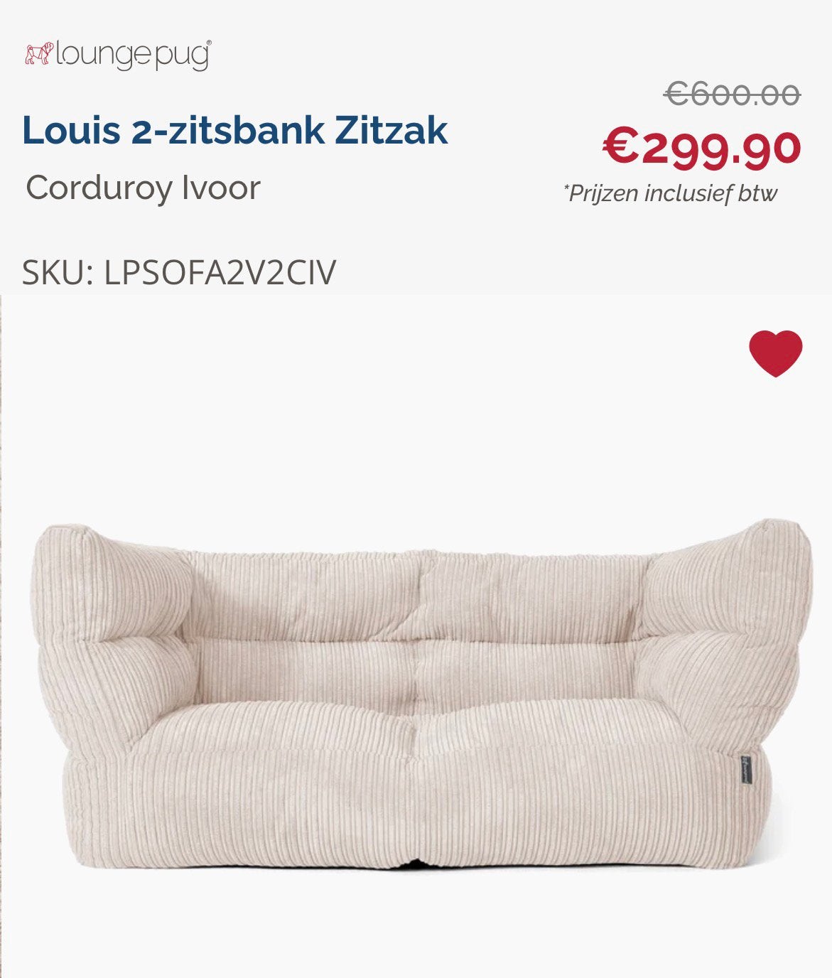 Big bertha original ivoor corduroy ( ribfluweel), Huis en Inrichting, Ophalen, Zo goed als nieuw