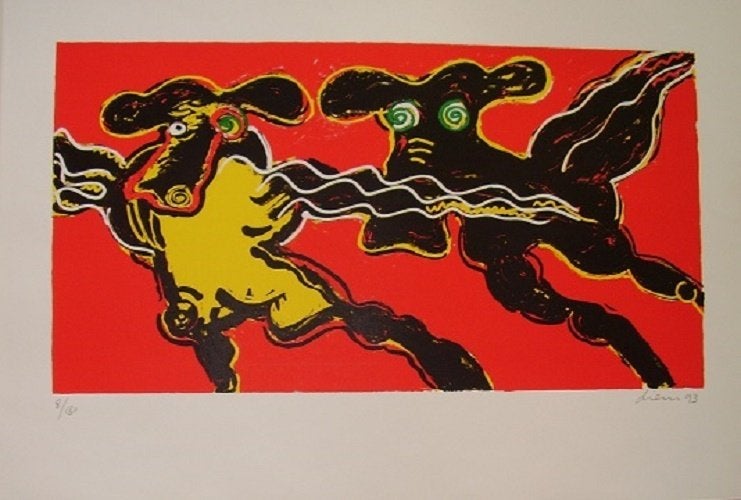 Peter Diem - "Flying Cows Red", Antiek en Kunst, Kunst | Litho's en Zeefdrukken, Gesigneerd, Ophalen of Verzenden, Zeefdruk