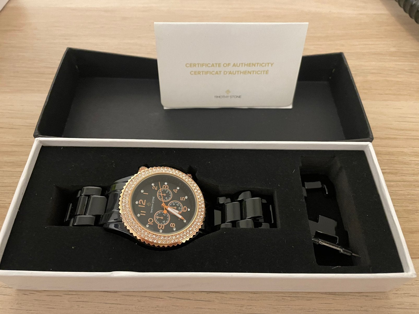 Timothy Stone dameshorloge – zwart/roségoud met steentjes, Bijoux, Sacs & Beauté, Montres | Femmes, Comme neuf, Montre-bracelet