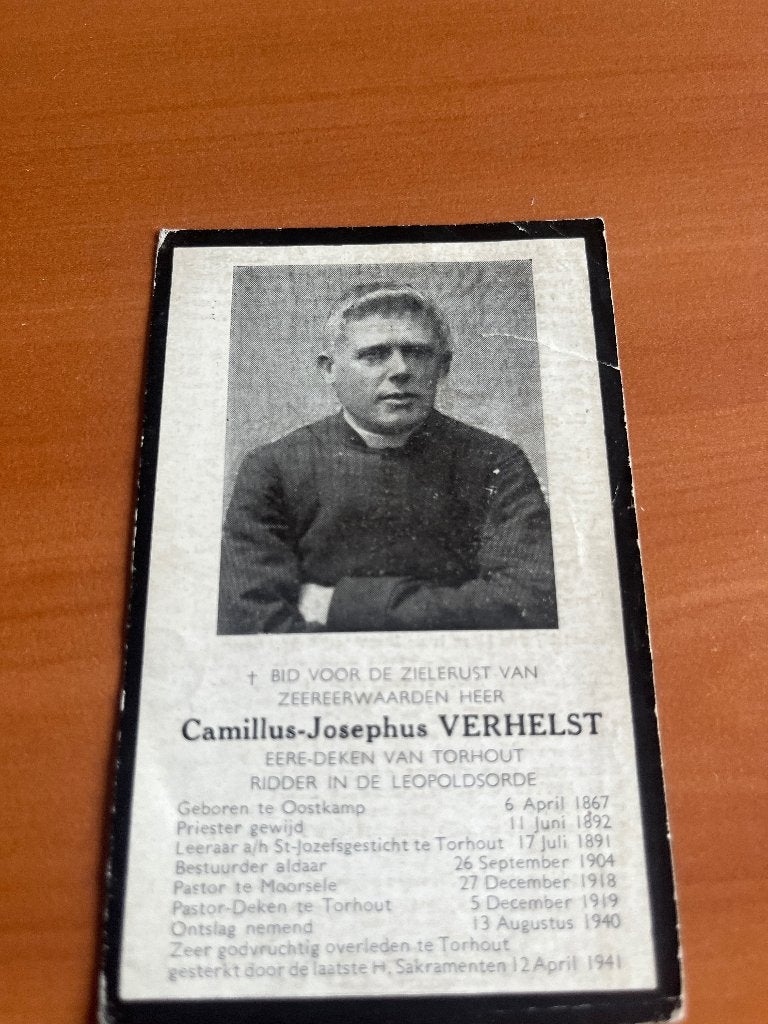 Priester C. Verhelst  Oostkamp 1867 + Torhout 1941, Verzenden, Rouwkaart