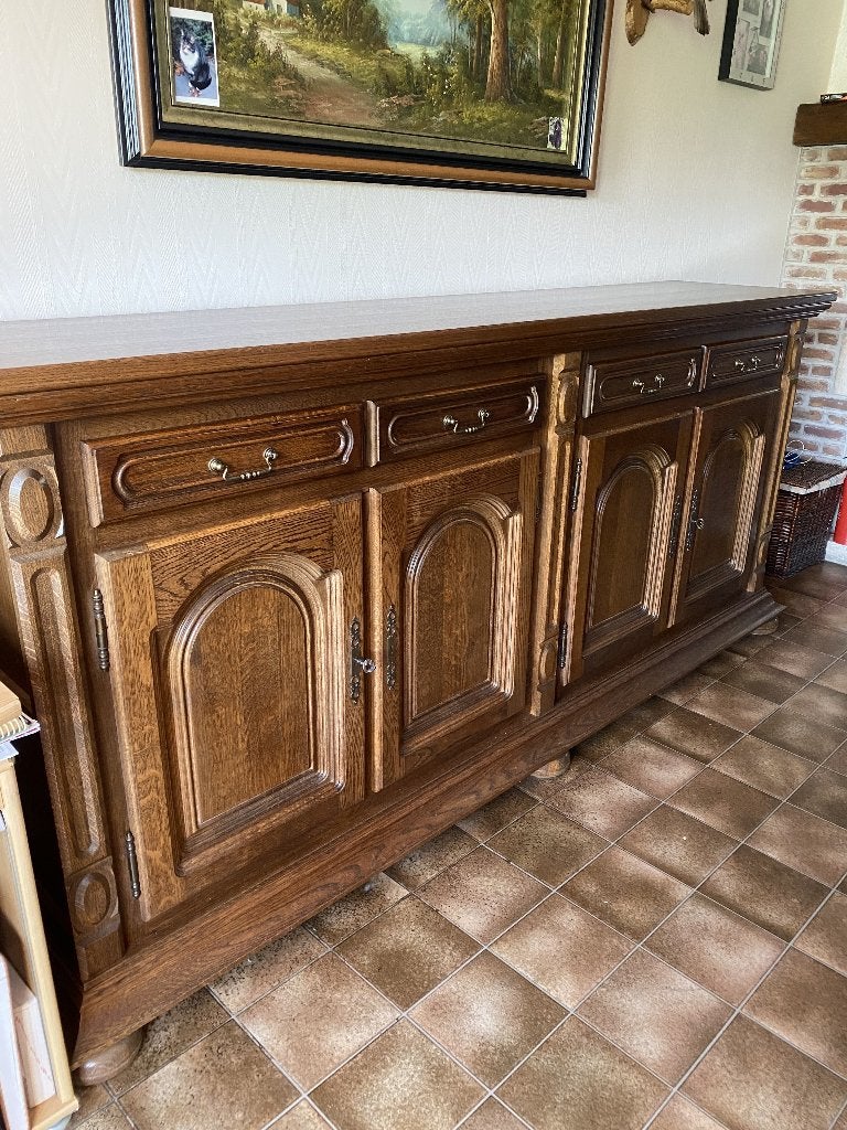 Complete eiken eetkamer met 6 stoelen en kasten, Ophalen, Gebruikt, Klassieke stijl in Eik, 4 tot 6 stoelen