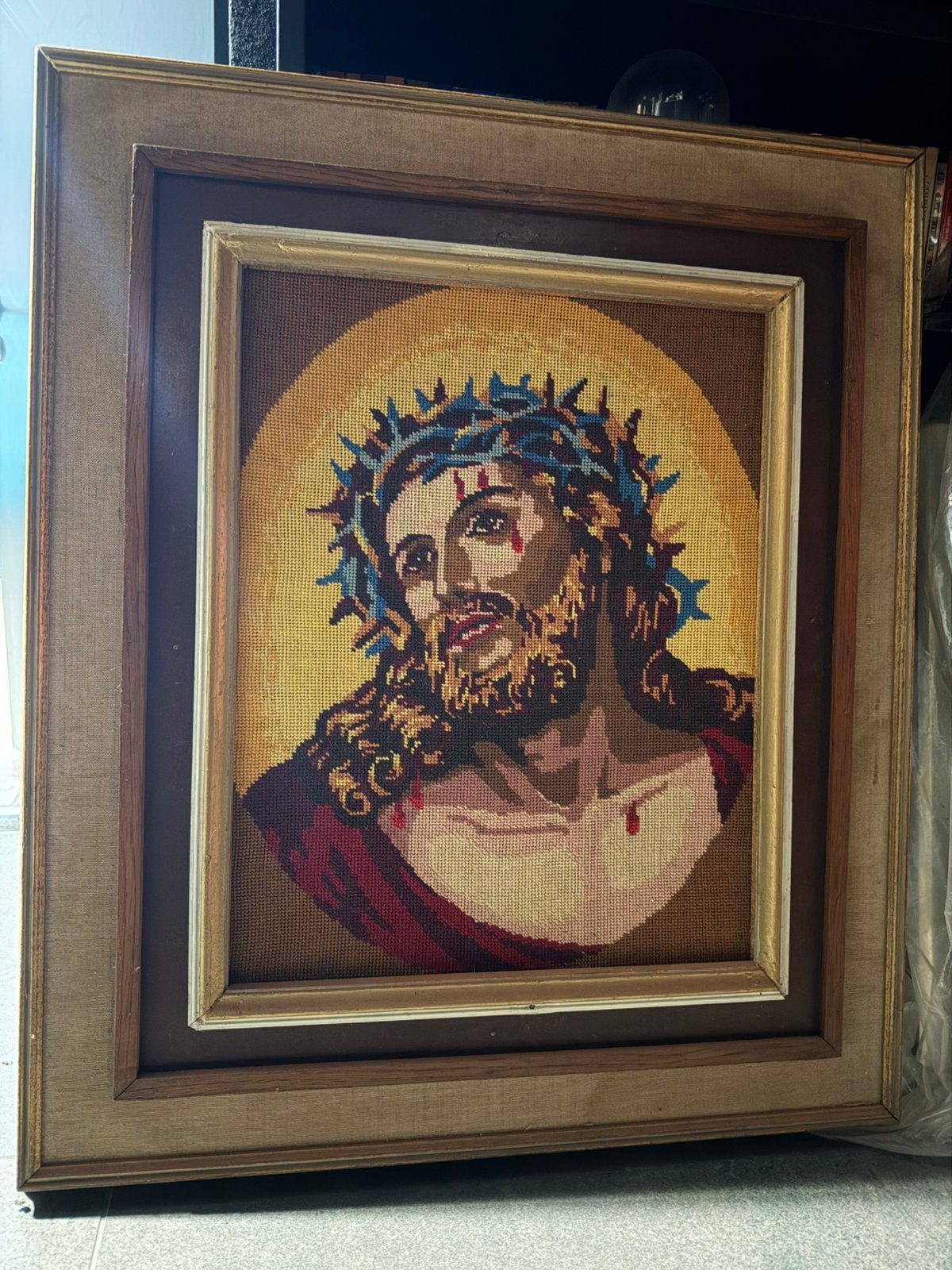 Grande broderie au point de croix représentant Jésus Christ, Enlèvement