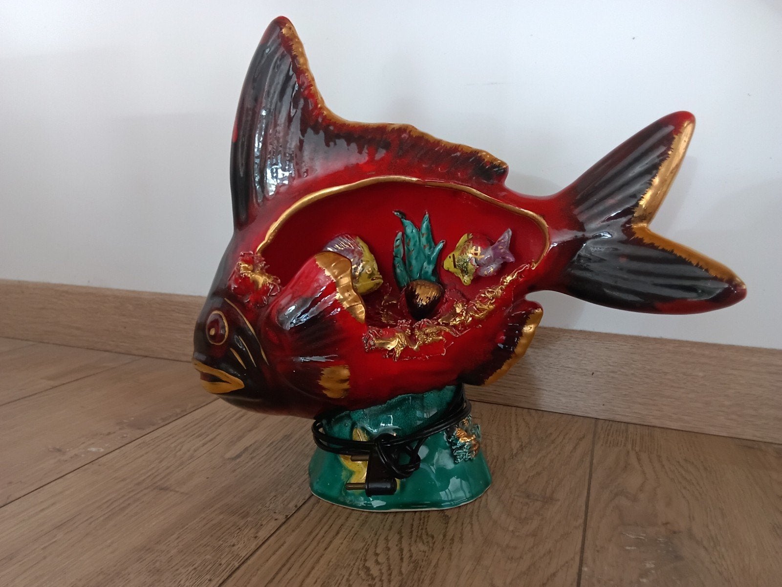 Zeldzame jaren 50" XXL Vallauris vislamp, Antiquités & Art, 29 cm, Pierre/céramique, Sculpture, Fait main