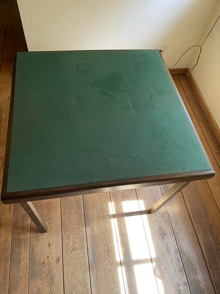 Vintage opvouwbare brugtafel — hout en groen tapijt, Ophalen