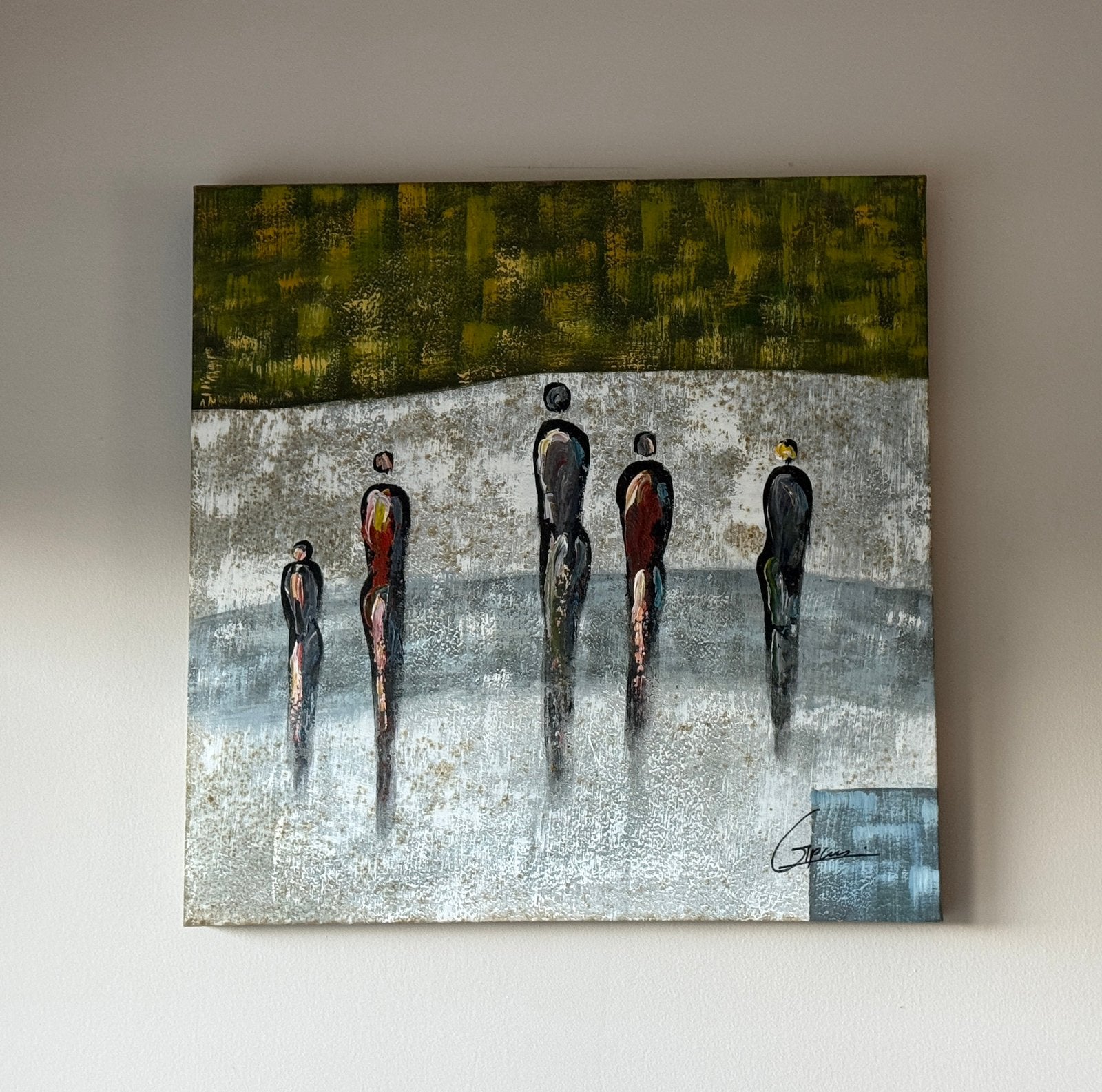 Peinture avec 5 personnages en silhouette, Antiquités & Art, Enlèvement ou Envoi