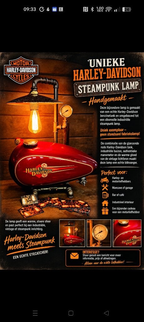 Harley Davidson steampunk lamp, Motoren, Ophalen of Verzenden, Nieuw