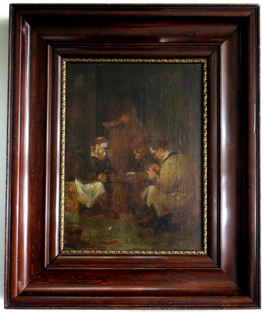 Antiek schilderij The Card Players olieverf linnen op paneel, Ophalen of Verzenden, Olieverf, Paneel