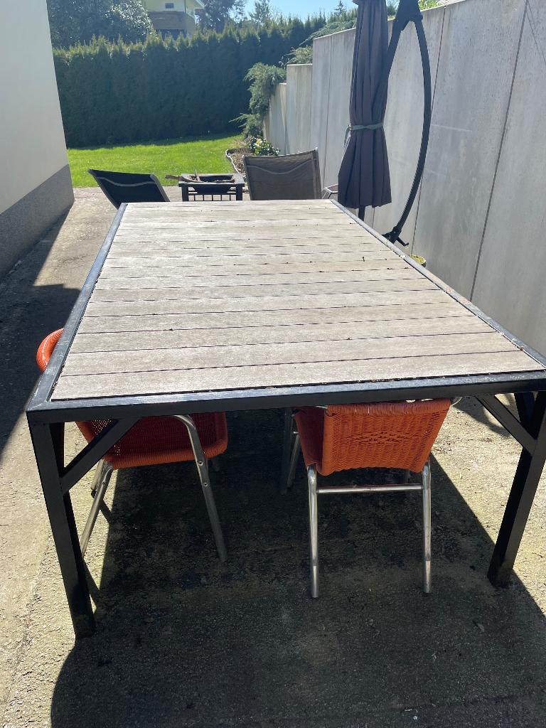 Grote tuintafel - gelaste stalen structuur - Afzelia hout, Ophalen, Gebruikt, Rechthoekig, Metaal