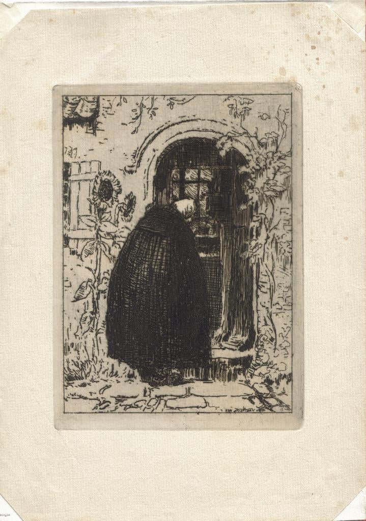 Albert van Neste ets "Pastoor aan de Deur", 1913, Antiek en Kunst, Ophalen, Dagelijks leven, Ets, Origineel