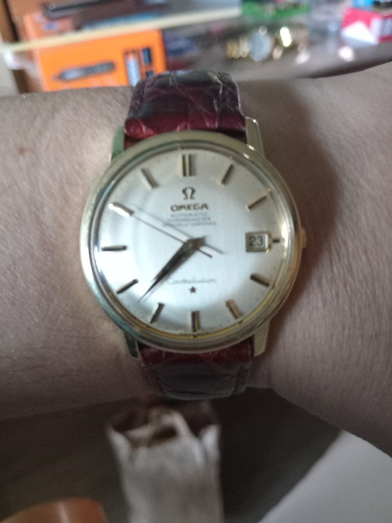 Omega constelĺation, Leer, Polshorloge, Ophalen of Verzenden, Zo goed als nieuw