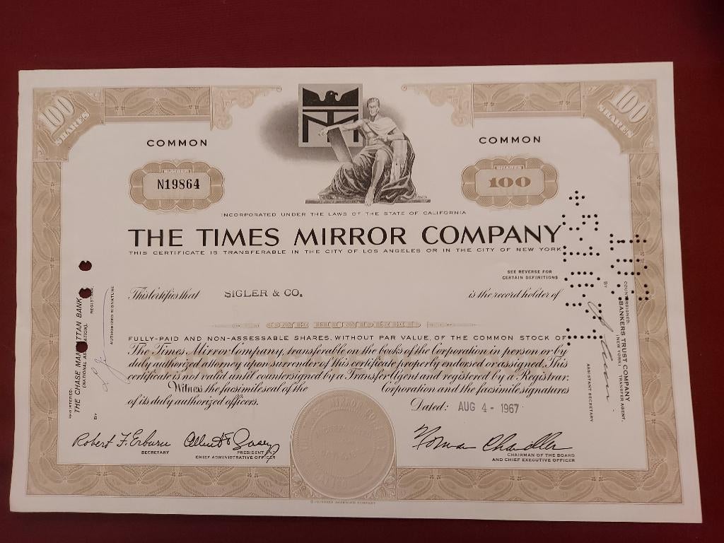 Vintage aandeel "The Times Mirror Company", 1967, Ophalen of Verzenden, 1950 tot 1970, Aandeel