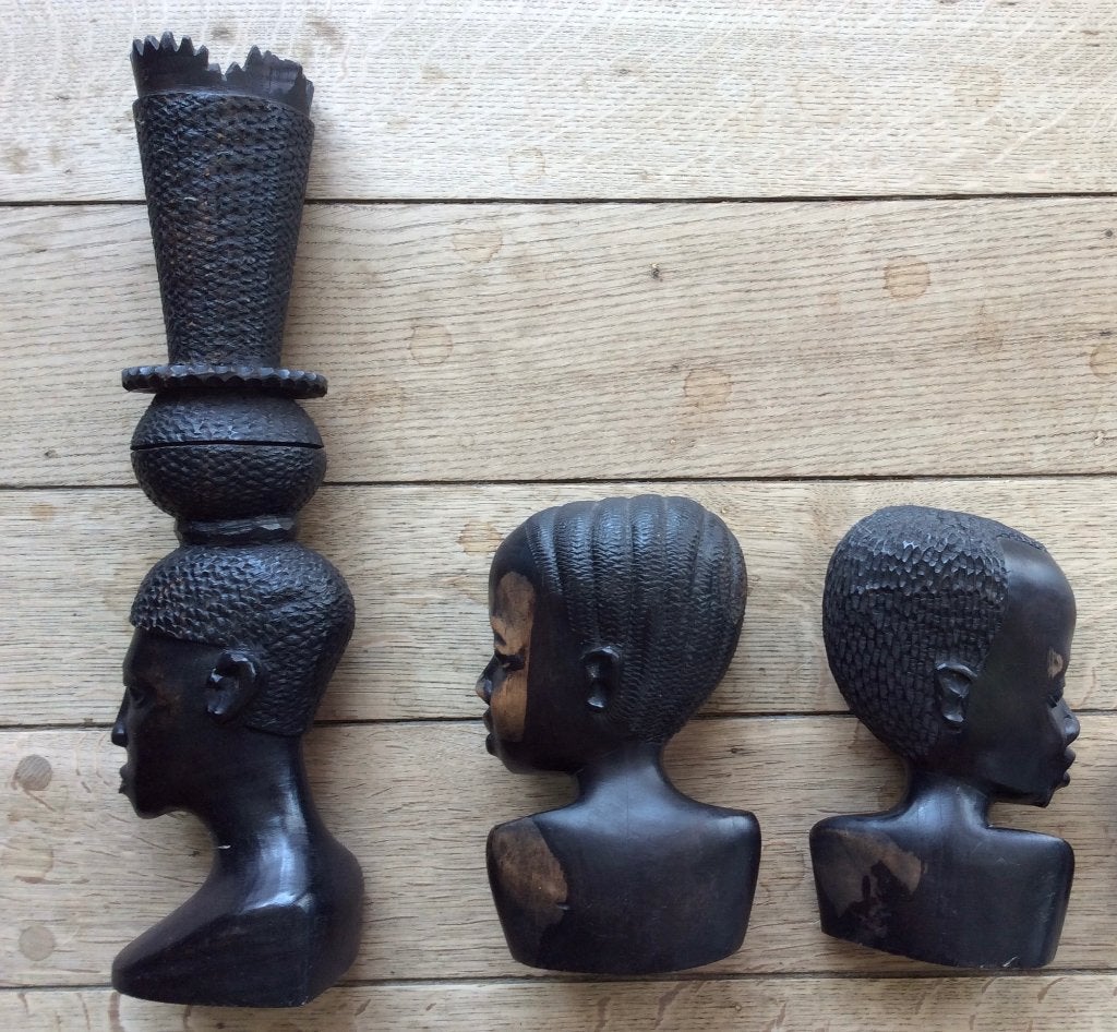 Lot de 3 sculptures en bois d'ébène art africain vintage, Enlèvement ou Envoi, Bois